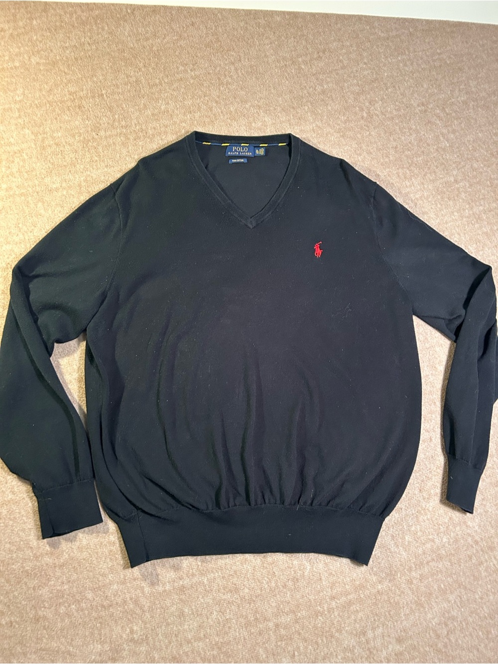 Ralph Lauren Black V-Neck Sweater with Red Pony XL